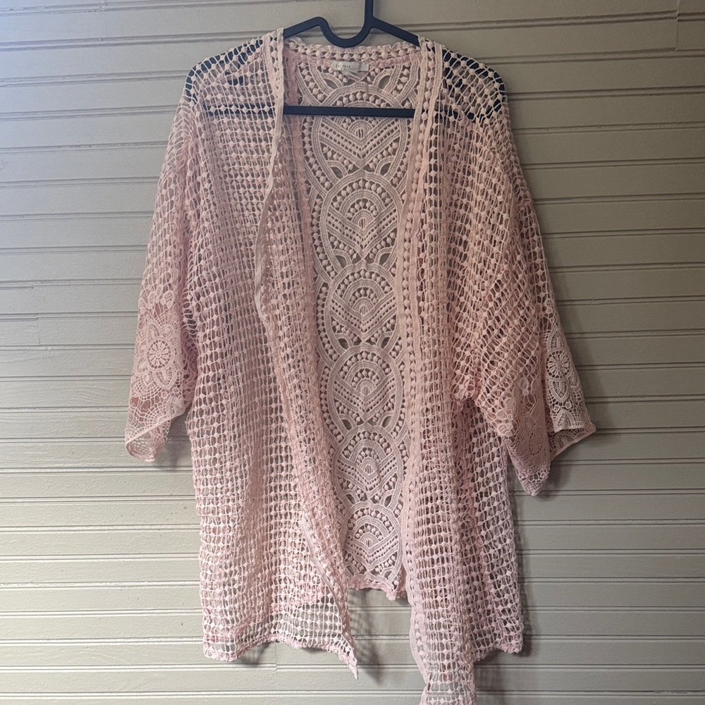 Pink Lace Open-Front Cardigan